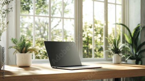 Wallpaper Mural Natural light floods a bright workspace where a laptop rests on a wooden desk, enhancing a cozy atmosphere with plants nearby. Generative AI Torontodigital.ca