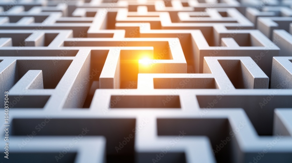 A 3D maze with a bright light illuminating the path through metallic corridors A 3D maze with a bright light illuminating the path through metallic corridors