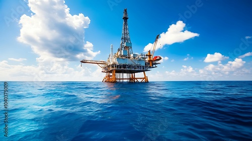 An offshore oil rig platform stationed in the open ocean under a bright blue sky with scattered clouds, showcasing marine oil extraction and industrial operations. photo