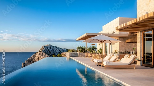 Stunning luxury villa with an infinity pool, ocean views, and sun loungers, perched on a cliffside offering a serene coastal retreat.