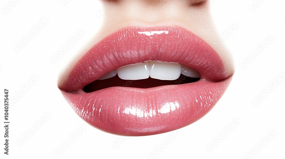 Obraz premium High-definition close-up of glossy pink lips with a natural sheen, showing a soft and smooth texture against a clean white background.
