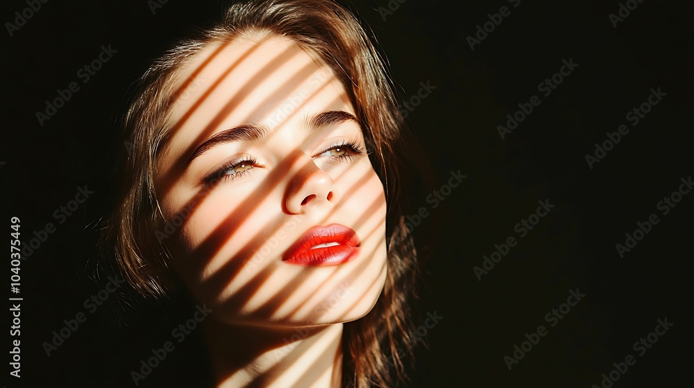 Portrait of a woman with red lipstick, illuminated by sunlight through window blinds, creating dramatic shadow patterns across her face. Portrait of a woman with red lipstick, illuminated by sunlight through window blinds, creating dramatic shadow patterns across her face.