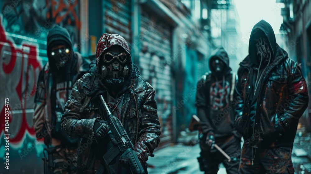 Cyberpunk gang members in a graffiti-covered alley Cyberpunk gang members in a graffiti-covered alley