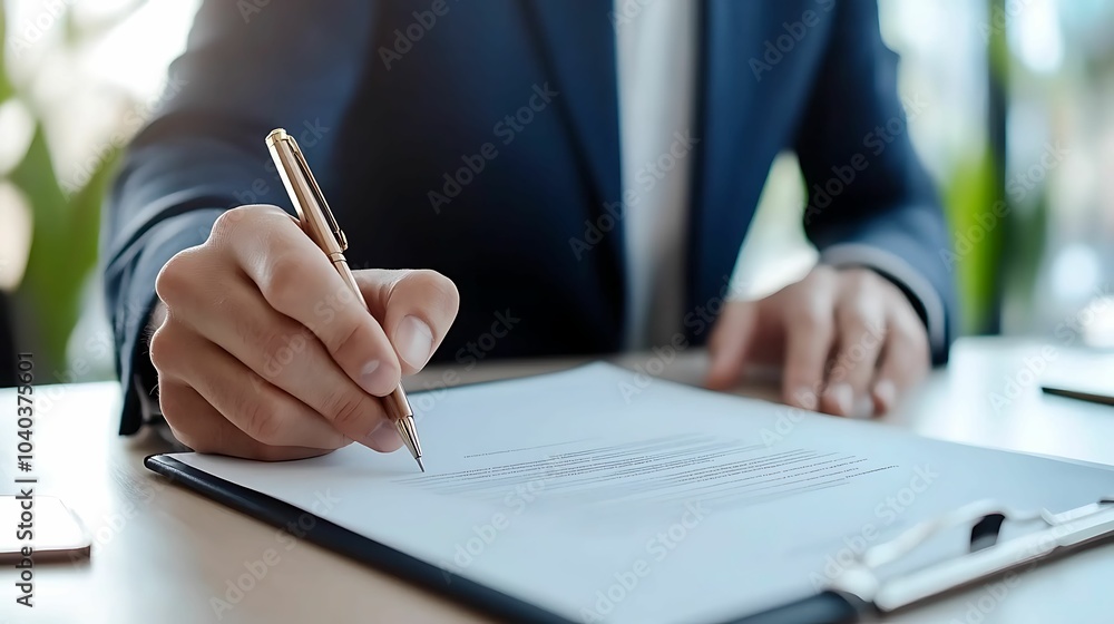 A businessman in a suit signs a formal document with a pen at a desk, symbolizing professionalism and business agreement. A businessman in a suit signs a formal document with a pen at a desk, symbolizing professionalism and business agreement.