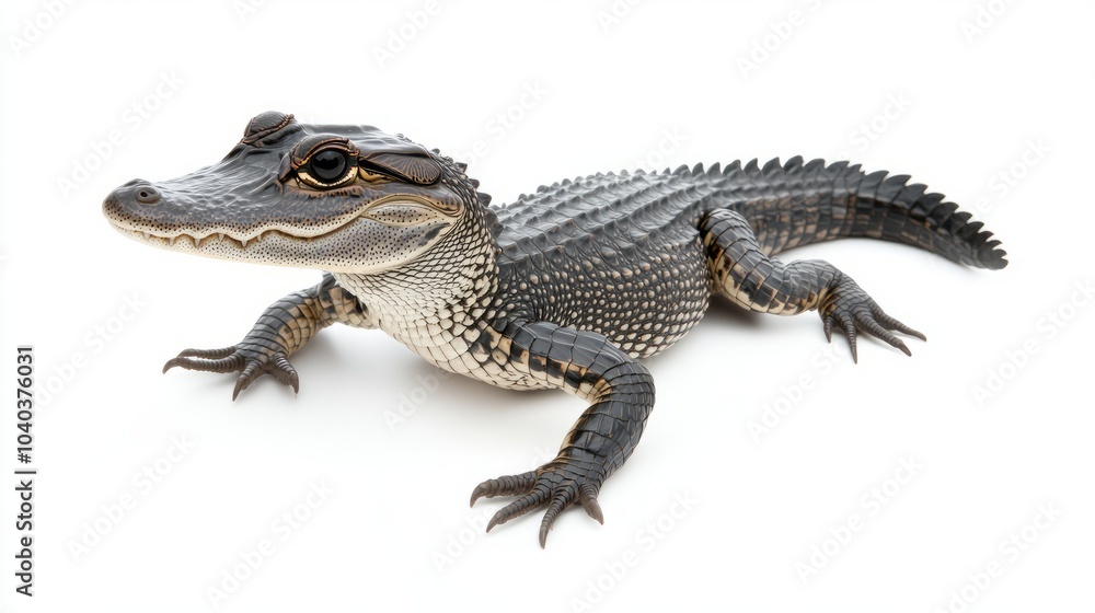 Naklejka premium A small alligator with black and brown scales, looking at the camera, is isolated on a white background.
