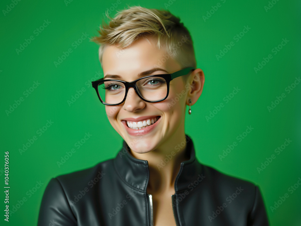 Young woman with short hair smiling on green background Young woman with short hair smiling on green background