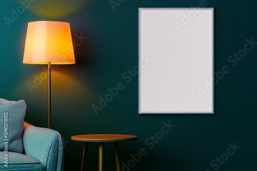 Minimalist poster frame on a dark wall beside a cozy lamp and a small table with ambient lighting