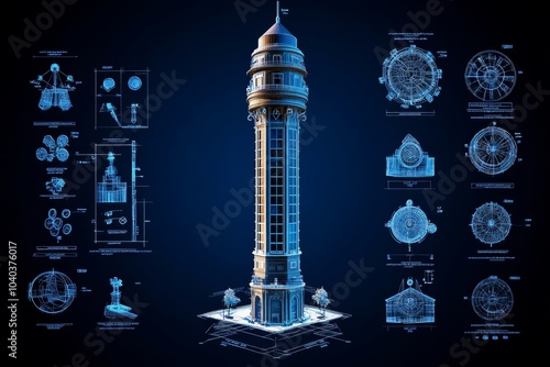 Blueprints of a towering skyscraper, highlighting the combination of vision, reason, and planning in Objectivist philosophy photo