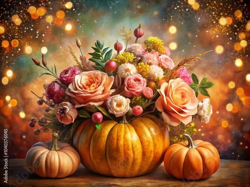 Watercolor Thanksgiving Invitations with Hand-Painted Pumpkins and Pink Flowers for Wedding Greetings