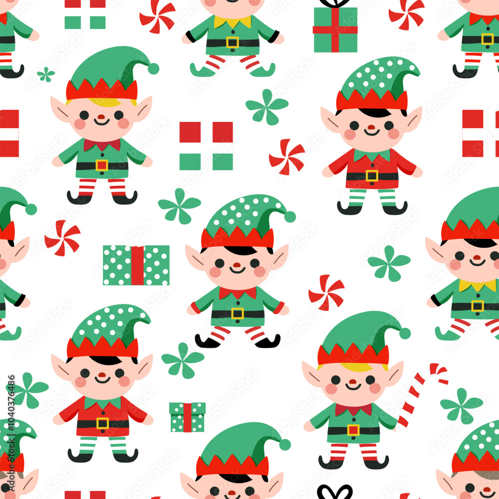 Seamless pattern with funny santa elves characters in hats with gift box, candy cane, sweets and snowflakes. For Christmas cards, invitations, packaging paper etc. Vector flat cartoon illustration. Seamless pattern with funny santa elves characters in hats with gift box, candy cane, sweets and snowflakes. For Christmas cards, invitations, packaging paper etc. Vector flat cartoon illustration.