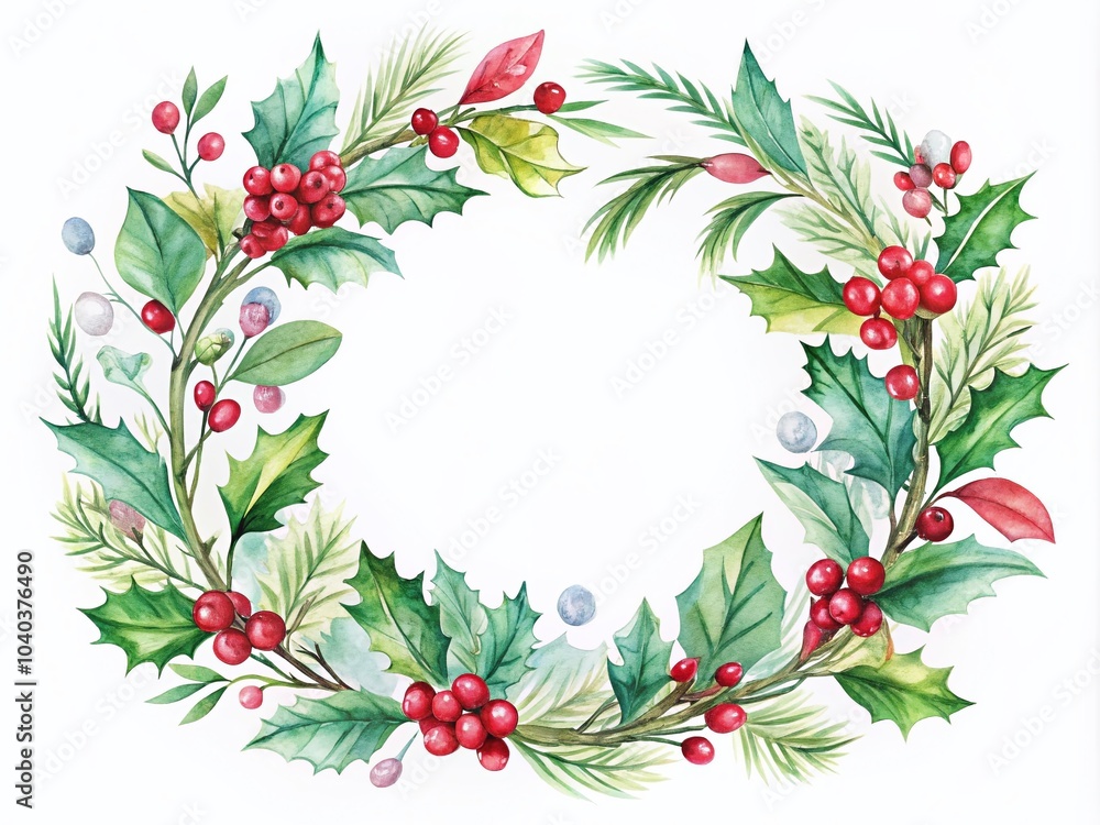 Fototapeta premium Watercolor Winter Holiday Wreath with Holly and Berries for Invites and Cards