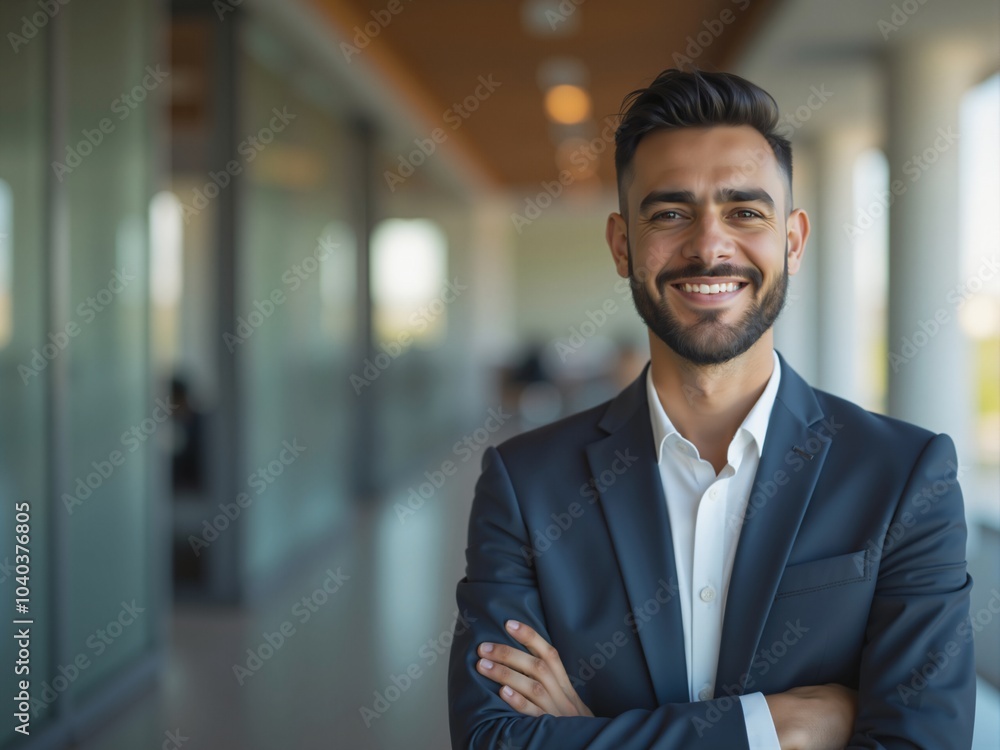 Hispanic businessman smiling with arms crossed in office hallway Hispanic businessman smiling with arms crossed in office hallway