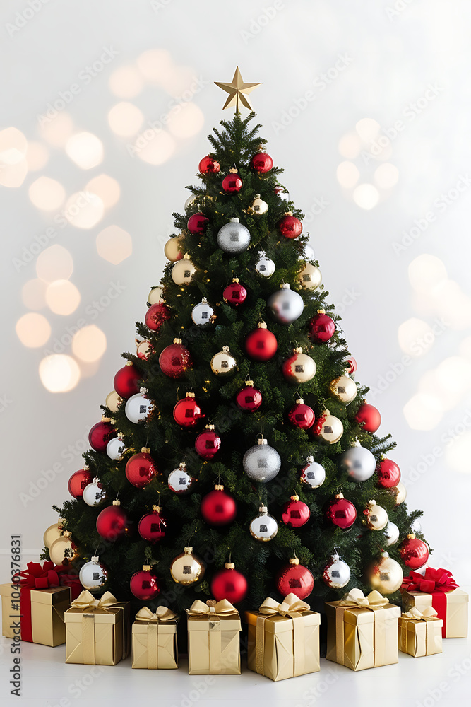 Christmas tree with presents, Christmas tree decorations, christmas tree with lights, Xmas copy-space Christmas tree with presents, Christmas tree decorations, christmas tree with lights, Xmas copy-space