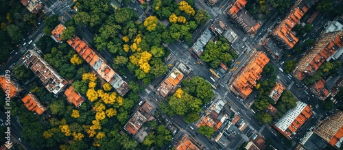 Aerial view of a city with buildings, streets, and trees.