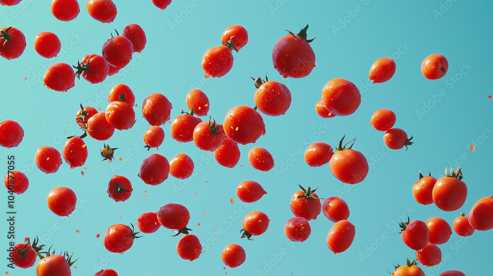 Flying Red Tomatoes in Mid-Air Explosion Flying Red Tomatoes in Mid-Air Explosion