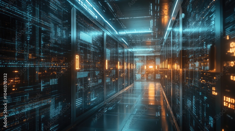 Futuristic data center corridor with glowing digital interface and advanced technology visualization Futuristic data center corridor with glowing digital interface and advanced technology visualization