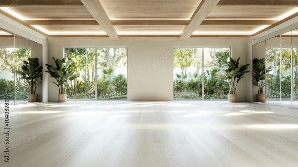 A bright, minimalistic room featuring large windows showcasing lush greenery outside, complemented by sleek, modern decor and warm wooden elements. A bright, minimalistic room featuring large windows showcasing lush greenery outside, complemented by sleek, modern decor and warm wooden elements.