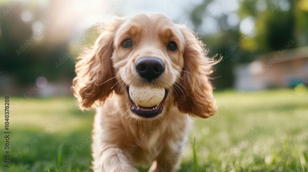 A playful dog joyfully carries a ball while frolicking on sunlit grass, capturing carefree bliss and energy in an idyllic outdoor setting under a beautiful sky. A playful dog joyfully carries a ball while frolicking on sunlit grass, capturing carefree bliss and energy in an idyllic outdoor setting under a beautiful sky.