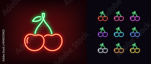 Outline neon cherry icon set. Glowing neon cherry fruit with leaf, black and red outline silhouette. Ripe fruit, cherry garden, organic food, fruit diet, summer vitamins, health food. Vector icons