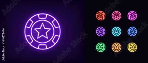 Outline neon star chip, icon set. Glowing neon poker chip with star icon, casino club. Poker game, gamble sport, casino token win, gaming chip, gambling roulette game, money reward. Vector icons