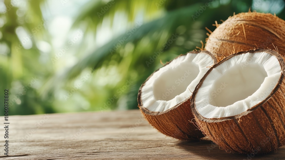 Image of fresh, halved coconuts on a wooden surface with a lush green outdoor background, capturing the tropical essence and natural beauty of island life.