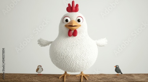 A white cartoon chicken with red comb and wattles stands on a wooden platform with two small birds on either side. photo