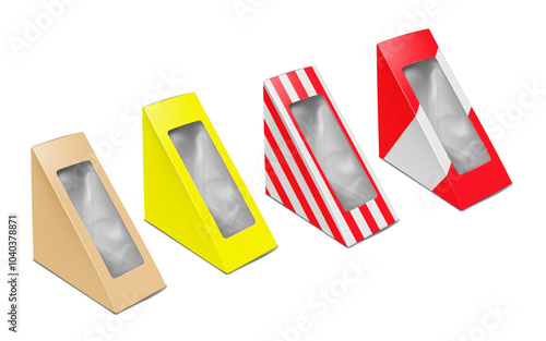 Paperboard sandwich box with clear plastic window. Realistic 3d vector mock-up set. Cardboard transparent triangle container packaging. Mockup. Easy to edit. Template for design