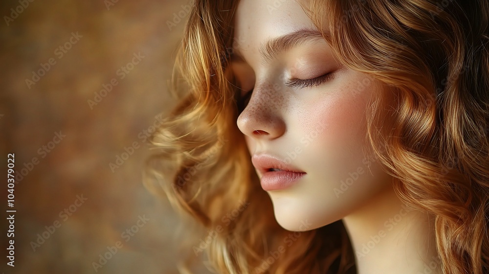 Young Woman with Wavy Golden Hair in Artistic Portrait Young Woman with Wavy Golden Hair in Artistic Portrait