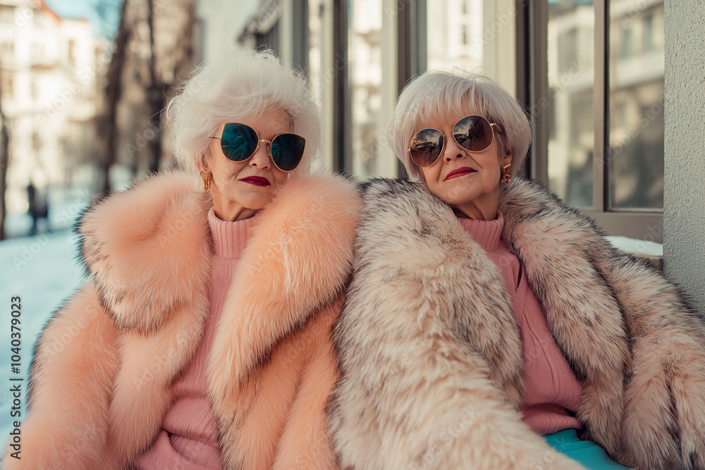 Two fashionable elderly women in fur coats and sunglasses, sitting outdoors in winter, exuding elegance and confidence Two fashionable elderly women in fur coats and sunglasses, sitting outdoors in winter, exuding elegance and confidence