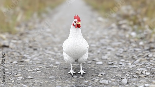 A white rooster stands on a gravel path, looking directly at the camera.