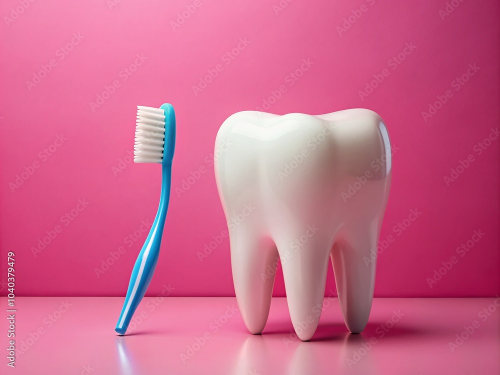 White Healthy Tooth Model with Toothbrush on Pink Background for Dental Care and Hygiene Promotion White Healthy Tooth Model with Toothbrush on Pink Background for Dental Care and Hygiene Promotion