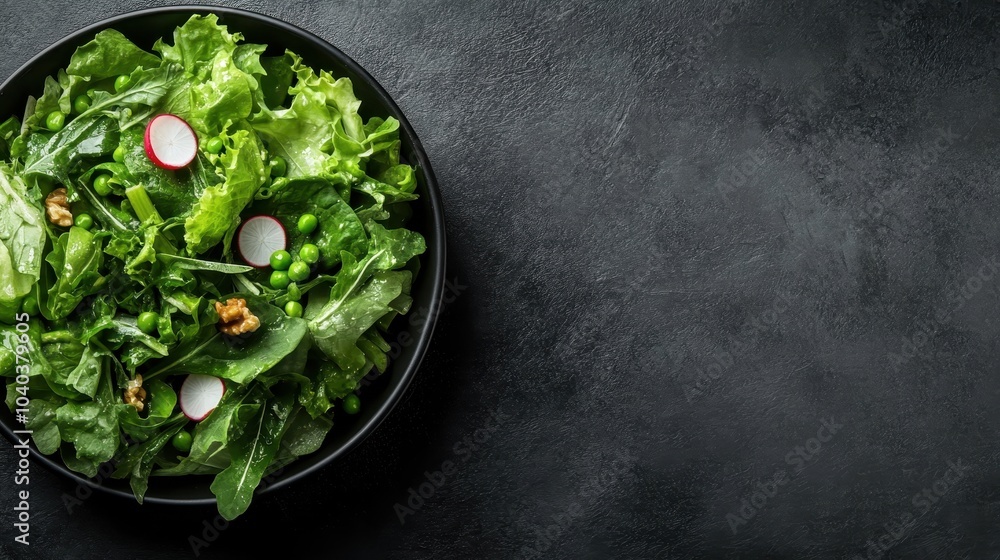 A minimalist depiction of a salad with fresh greens, radishes, and walnuts, designed to promote a healthy, simplistic lifestyle through vibrant food imagery. A minimalist depiction of a salad with fresh greens, radishes, and walnuts, designed to promote a healthy, simplistic lifestyle through vibrant food imagery.