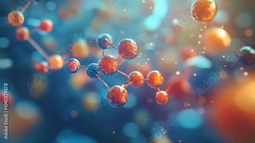 A detailed close-up of a molecular structure, showing interconnected atoms and bonds, rendered in a futuristic 3D scientific visualization. 