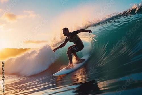 Man surfer surfing sea recreation surfboard. photo