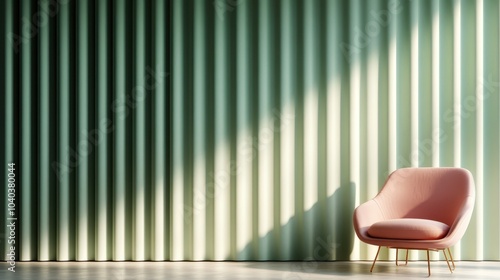 A modern pink chair is enveloped in warm sunlight against vertical green curtains. The elegant simplicity and play of light contribute to a serene living space. photo