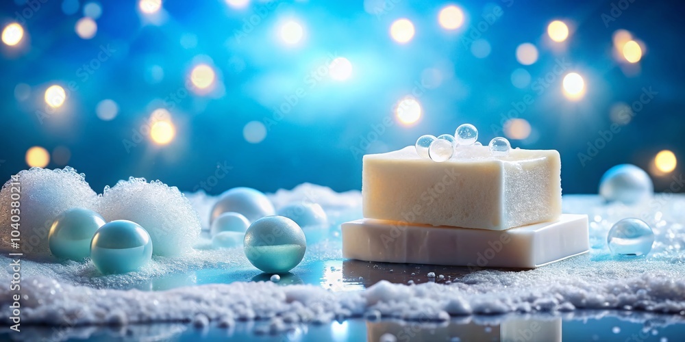 White Soap and Suds on Blue Background for Cleanliness and Hygiene Imagery White Soap and Suds on Blue Background for Cleanliness and Hygiene Imagery
