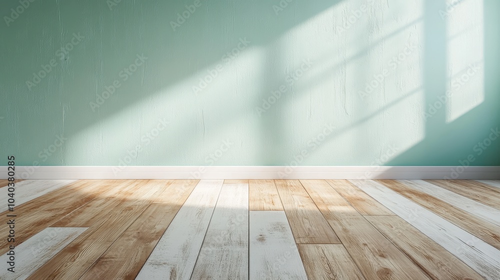 A bright room with a mint green wall and wooden planks as flooring. Shadows from a window stretch across the floor, creating a calm, inviting atmosphere. A bright room with a mint green wall and wooden planks as flooring. Shadows from a window stretch across the floor, creating a calm, inviting atmosphere.