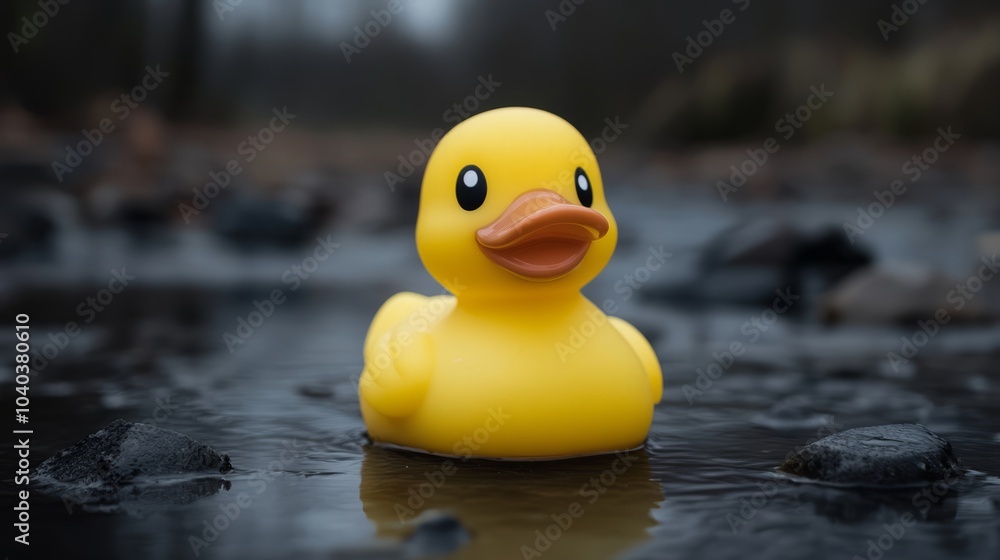 A yellow rubber duck floating in a puddle of water with a blurry forest background. A yellow rubber duck floating in a puddle of water with a blurry forest background.