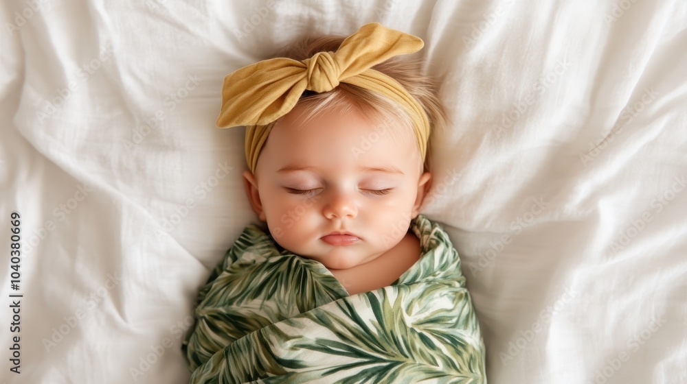 A peaceful sleeping baby with a big yellow headband is wrapped in a green floral blanket, evoking a sense of calm and innocence in a serene setting. A peaceful sleeping baby with a big yellow headband is wrapped in a green floral blanket, evoking a sense of calm and innocence in a serene setting.