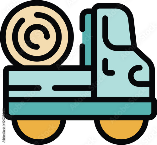This icon of a pickup truck carrying a hay bale is perfect for projects related to farming, agriculture, livestock, and animal feed