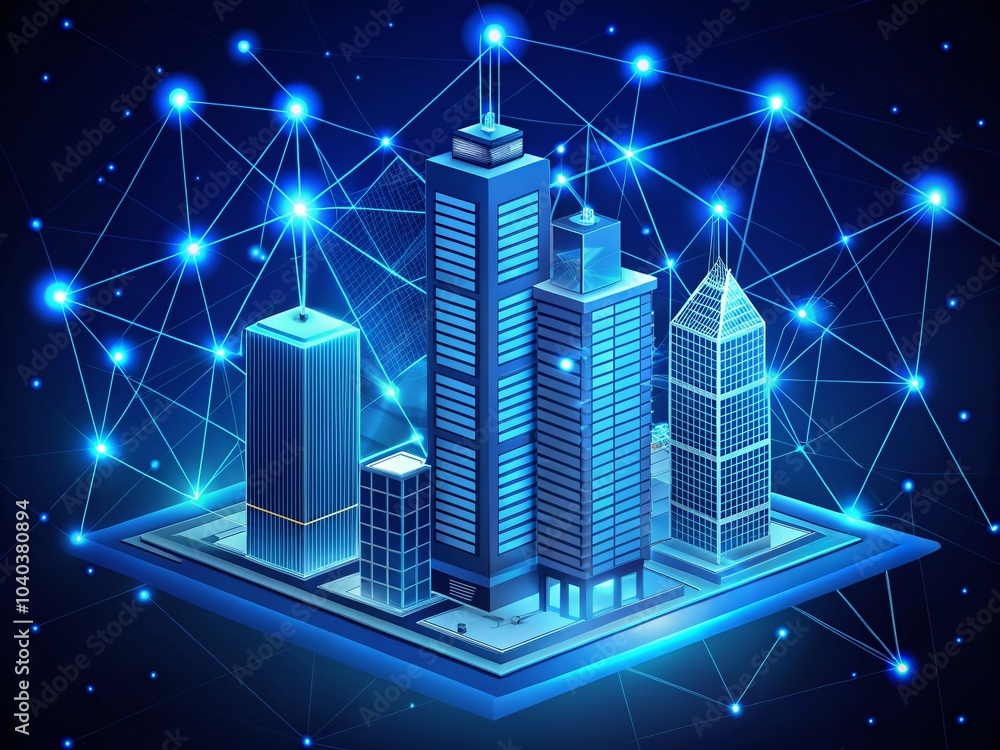 WiFi Smart City Network Low Poly Wireframe Building Automation Illustration with Computer Board Design on Dark Blue WiFi Smart City Network Low Poly Wireframe Building Automation Illustration with Computer Board Design on Dark Blue