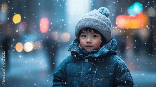 A boy stands outdoors in the city, surrounded by snowfall. He wears a warm coat and hat, gazing curiously at the bustling streets filled with twinkling lights and blurred figures of passersby. photo