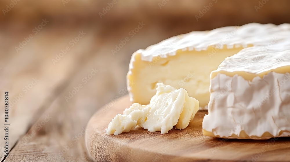 Close-up view of a soft cheese wheel on a rustic wooden board, highlighting the rich, creamy texture of the cheese along with its inviting presentation for tasting. Close-up view of a soft cheese wheel on a rustic wooden board, highlighting the rich, creamy texture of the cheese along with its inviting presentation for tasting.