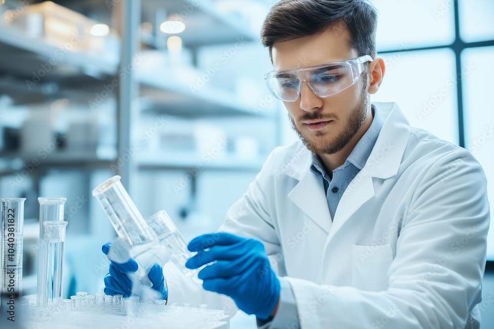 Laboratory technician conducting experiments with glassware and equipment, focused on analyzing samples in modern lab environment Laboratory technician conducting experiments with glassware and equipment, focused on analyzing samples in modern lab environment