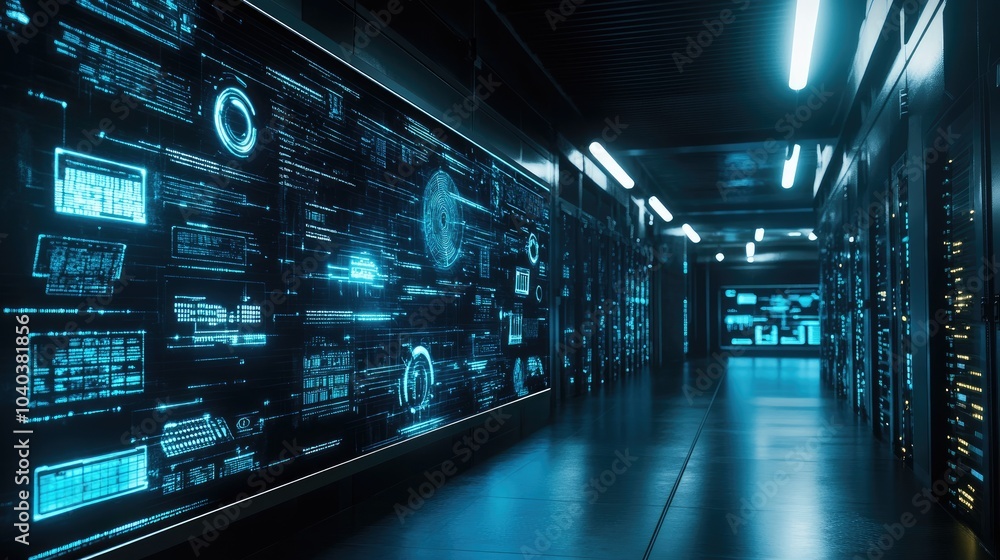Obraz premium Futuristic data center a glimpse into high-tech infrastructure and digital innovation