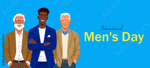 Three men, representing different generations, stand together smiling in celebration of International Men's Day against a bright blue background. The event's name is prominently displayed.