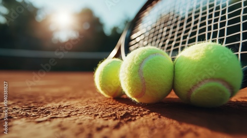 Three yellow tennis balls rest on a clay tennis court, captured in the golden light of a clear morning, with a racket leaning on them, ready for play.