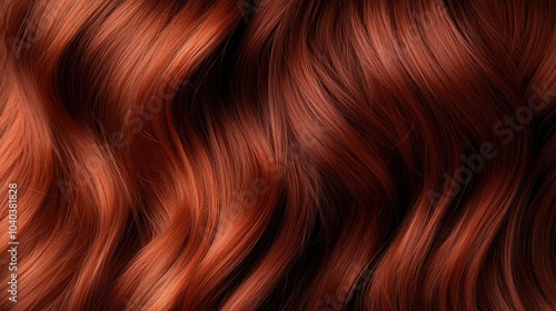 A close-up shot of beautifully textured auburn hair flowing in smooth waves, exhibiting its lush, glossy texture and vibrant color, evoking beauty and elegance.