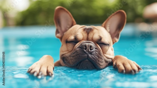 A serene image of a French bulldog with closed eyes, floating peacefully in the pool, enveloped by the calming blue water, embodying relaxation and bliss.