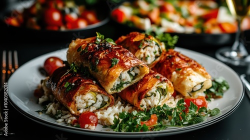 Tantalizing stuffed roasted vegetable rolls served elegantly on a white plate with fresh tomato garnishes, offering a sophisticated culinary experience.